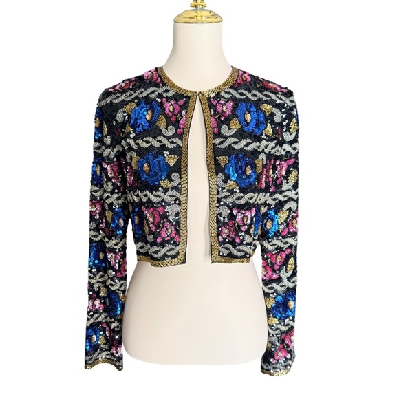 Morgan Taylor Evening Jackets & Blazers - Vintage 80s Morgan Taylor Silk Sequin Jacket Size 6 Beaded Floral Bolero Evening